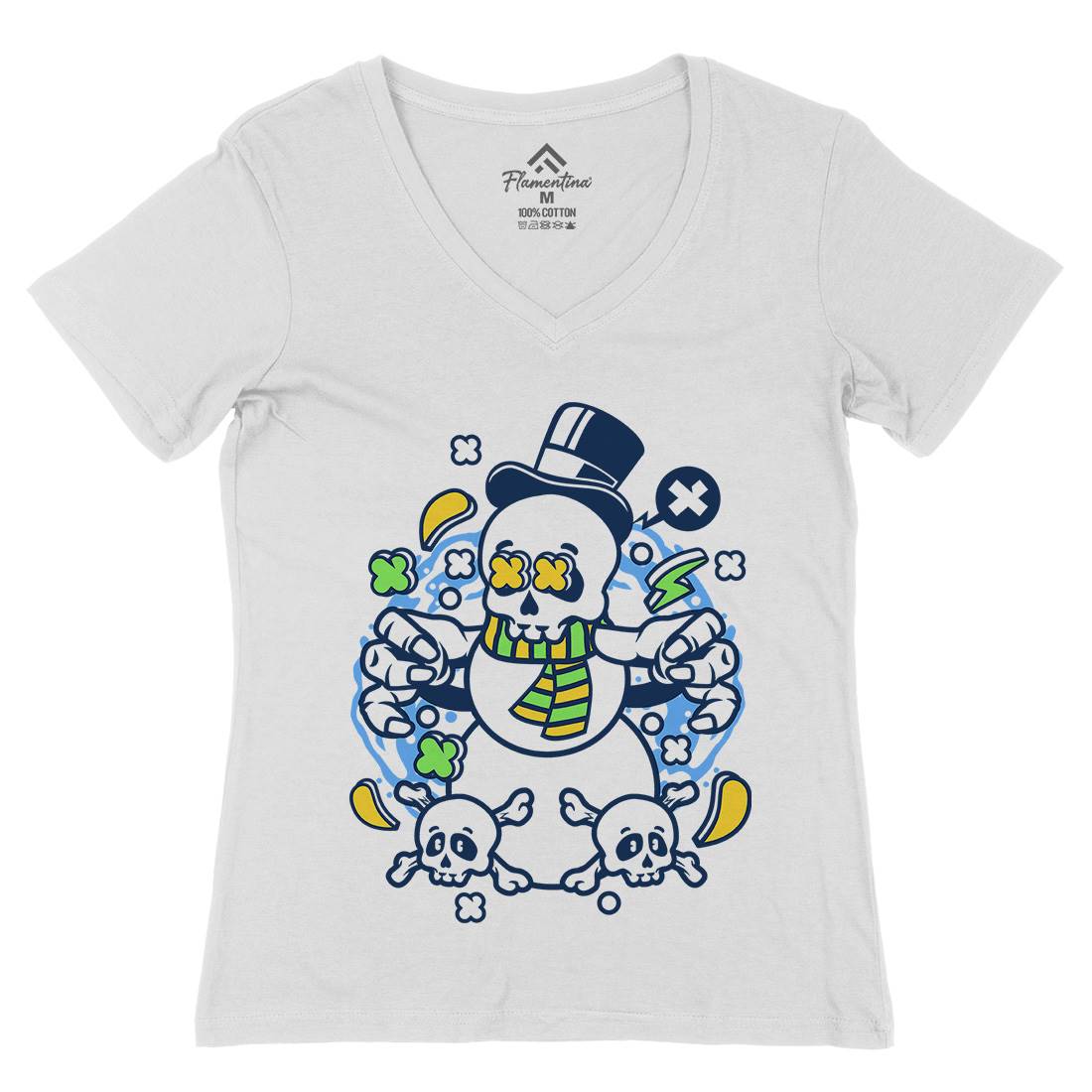Skull Snowman Womens Organic V-Neck T-Shirt Retro C246