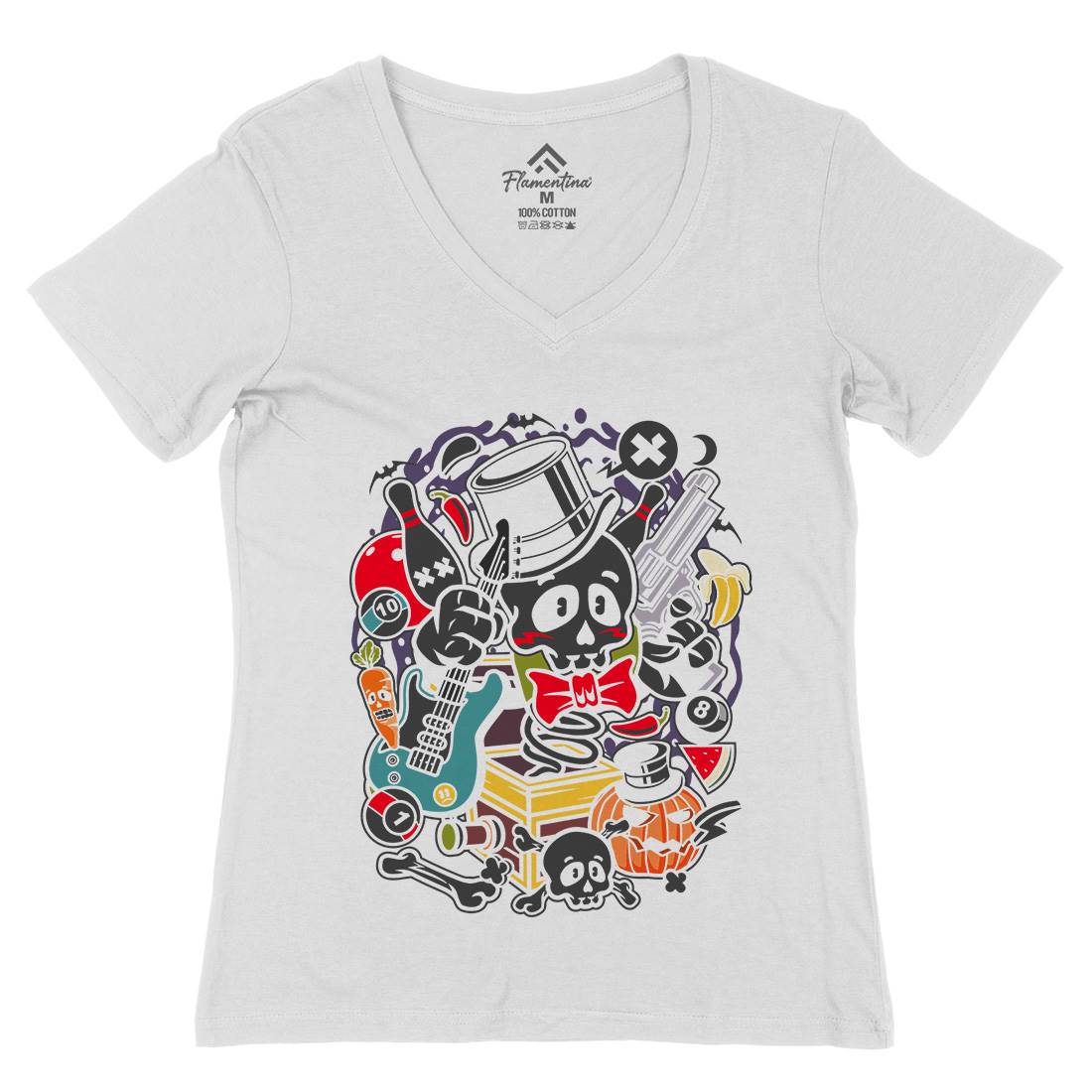 Skull Toy Box Womens Organic V-Neck T-Shirt Retro C247