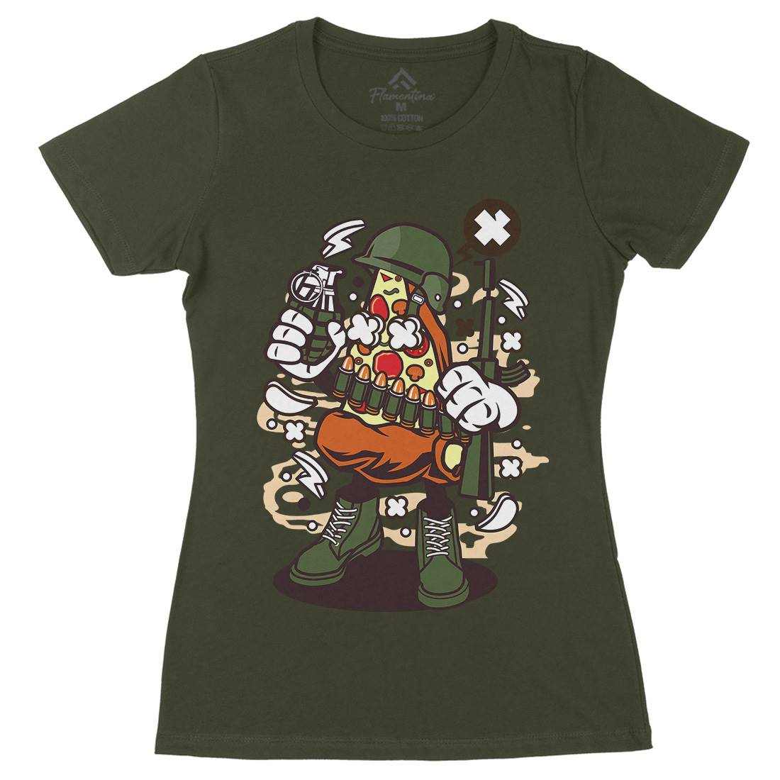 Soldier Pizza Womens Organic Crew Neck T-Shirt Army C254