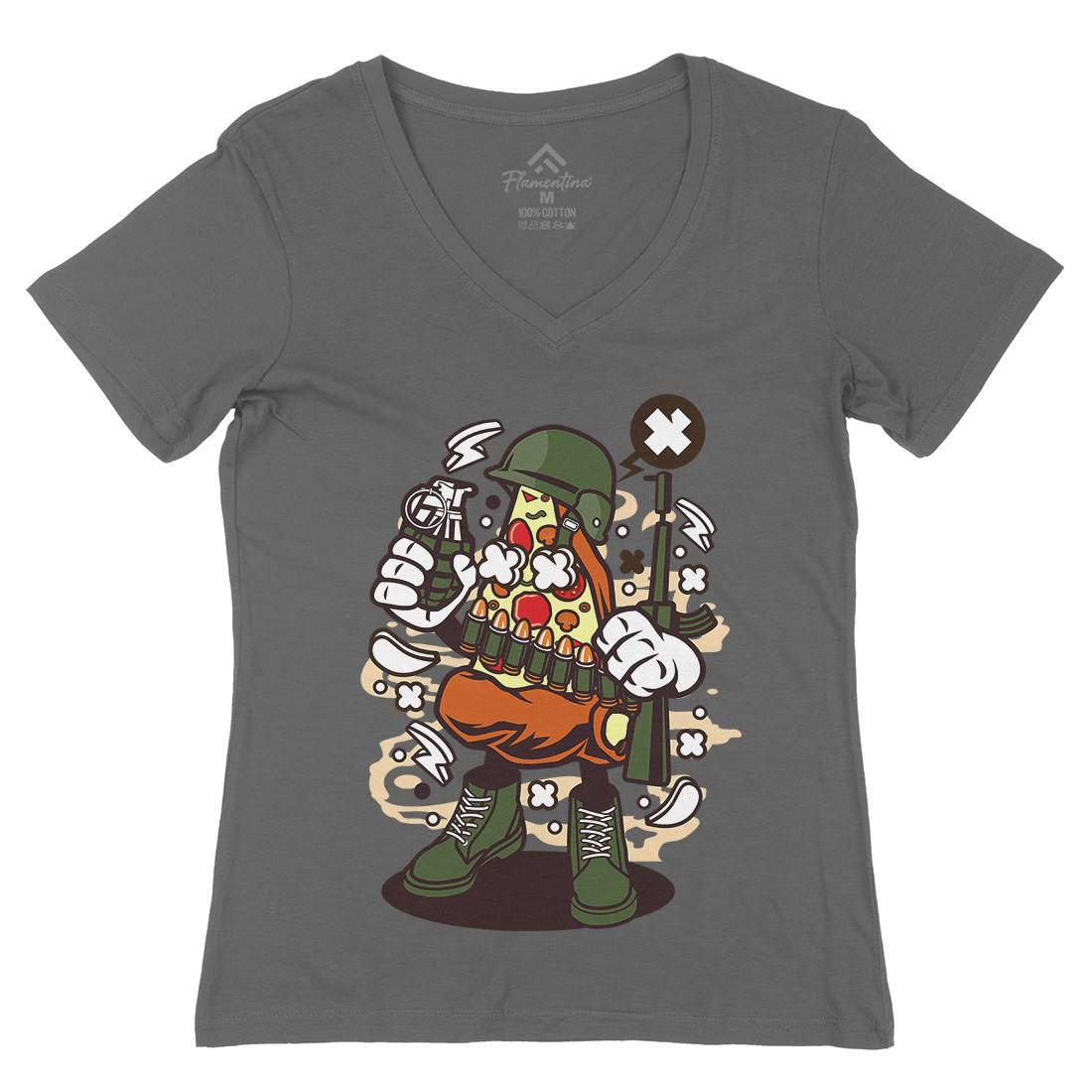 Soldier Pizza Womens Organic V-Neck T-Shirt Army C254
