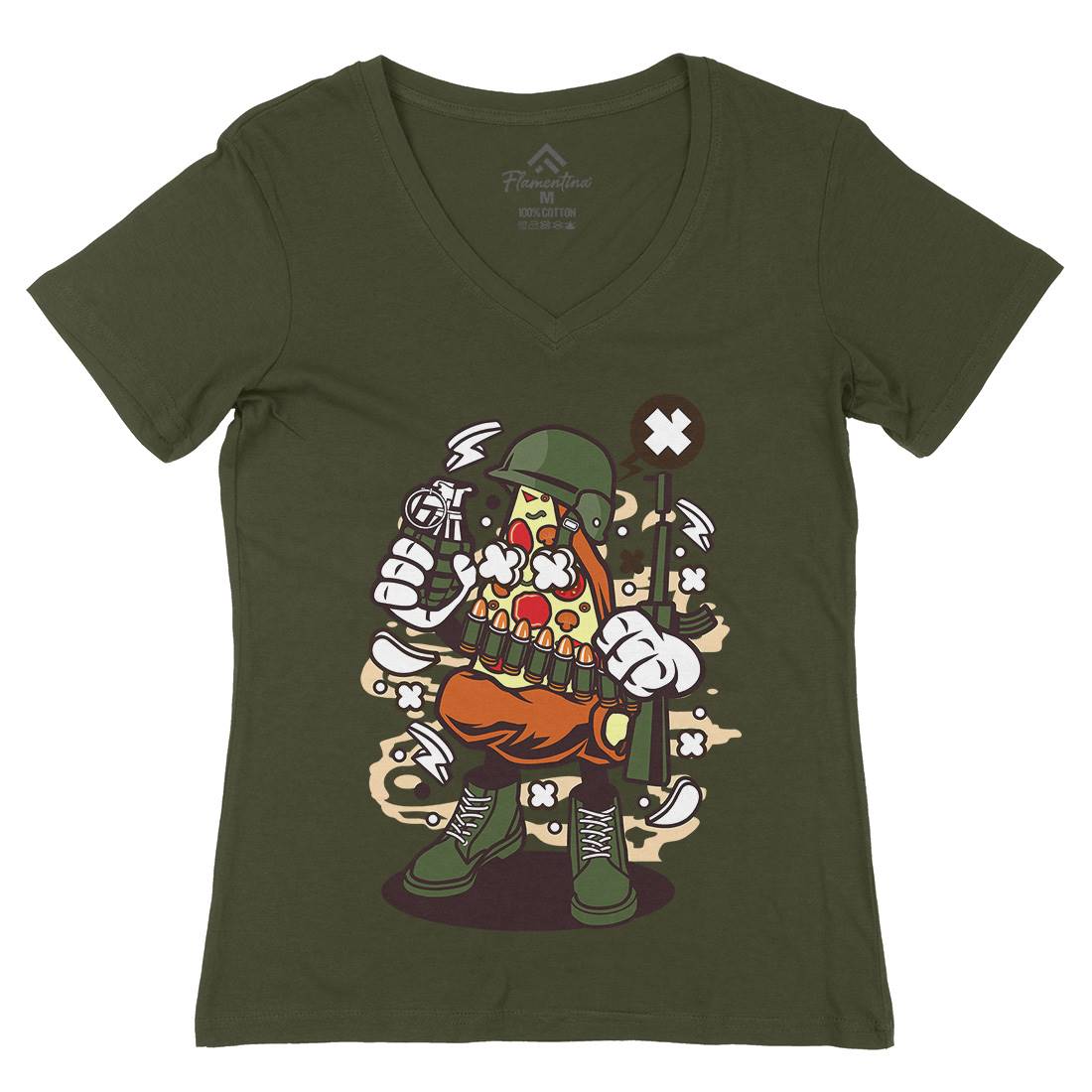Soldier Pizza Womens Organic V-Neck T-Shirt Army C254