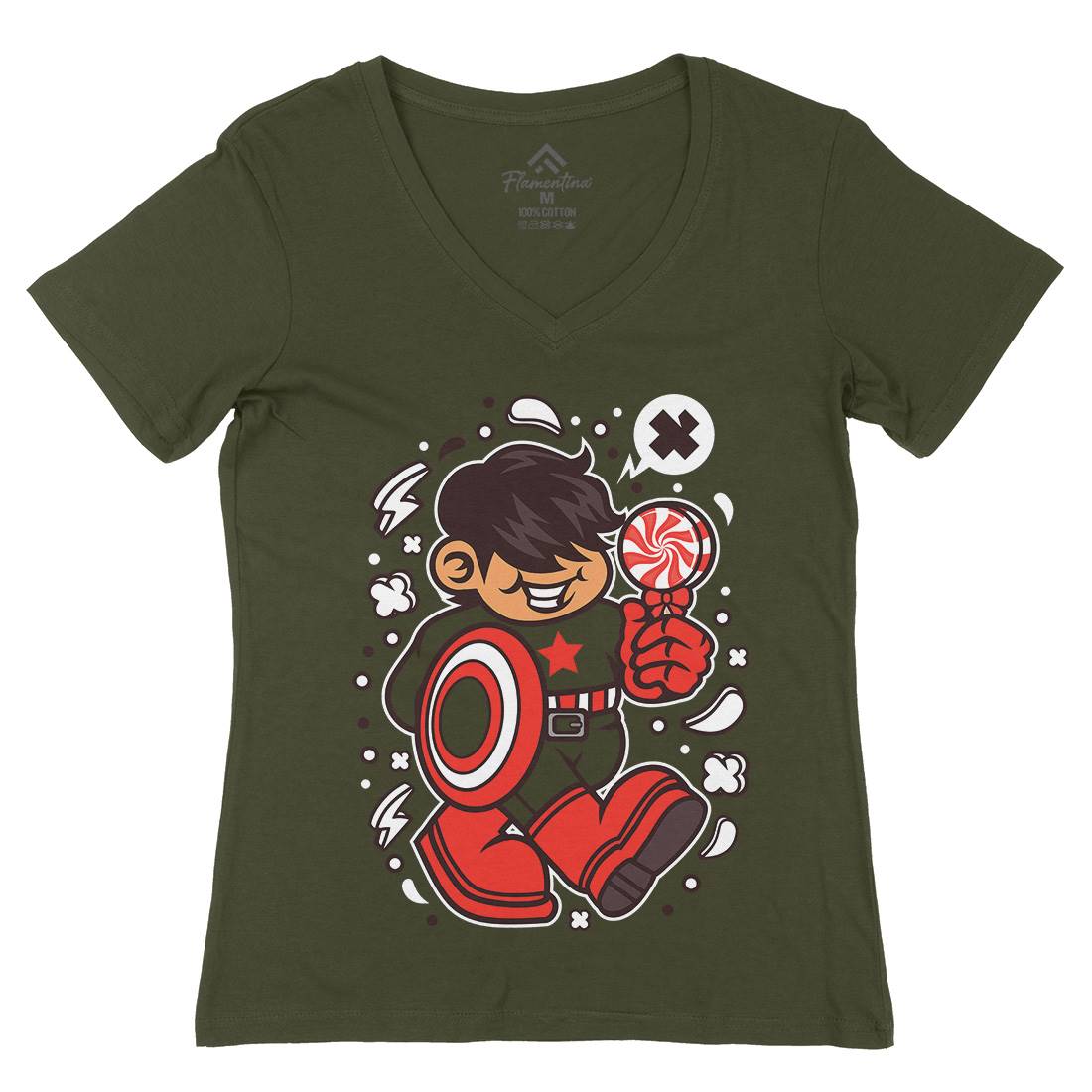 Superhero American Kid Womens Organic V-Neck T-Shirt Geek C263