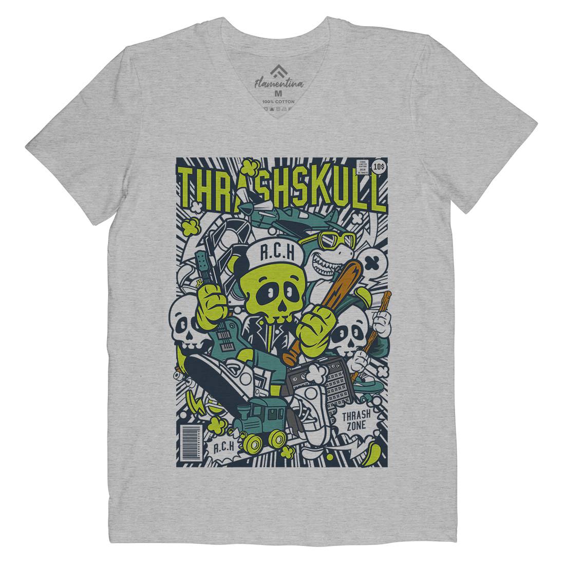 Thrash Skull Mens Organic V-Neck T-Shirt Music C276