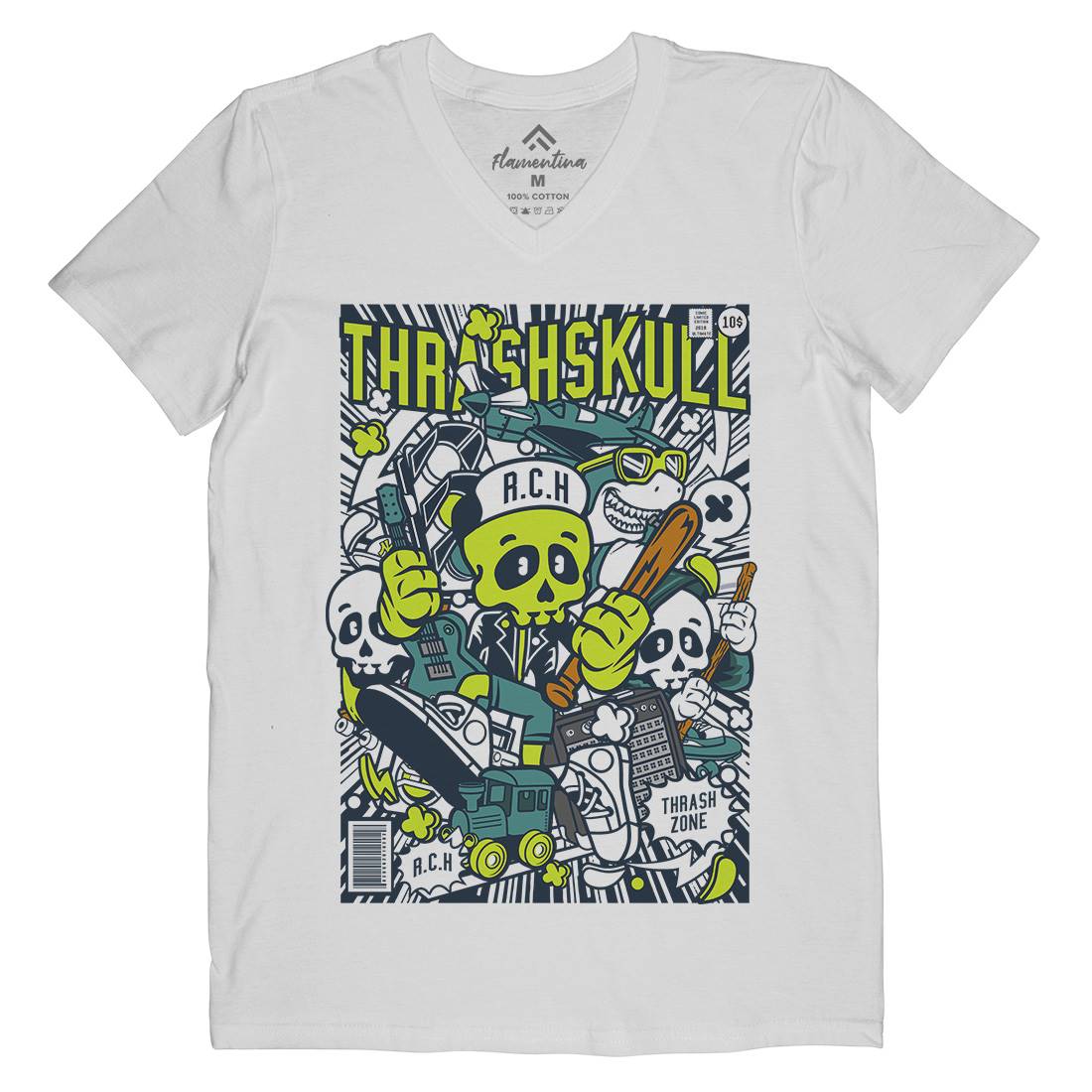 Thrash Skull Mens Organic V-Neck T-Shirt Music C276
