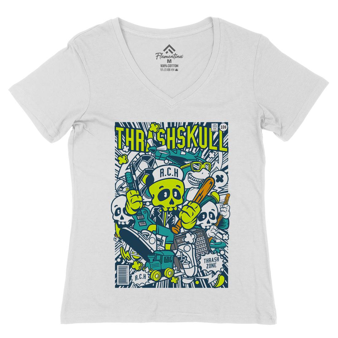 Thrash Skull Womens Organic V-Neck T-Shirt Music C276