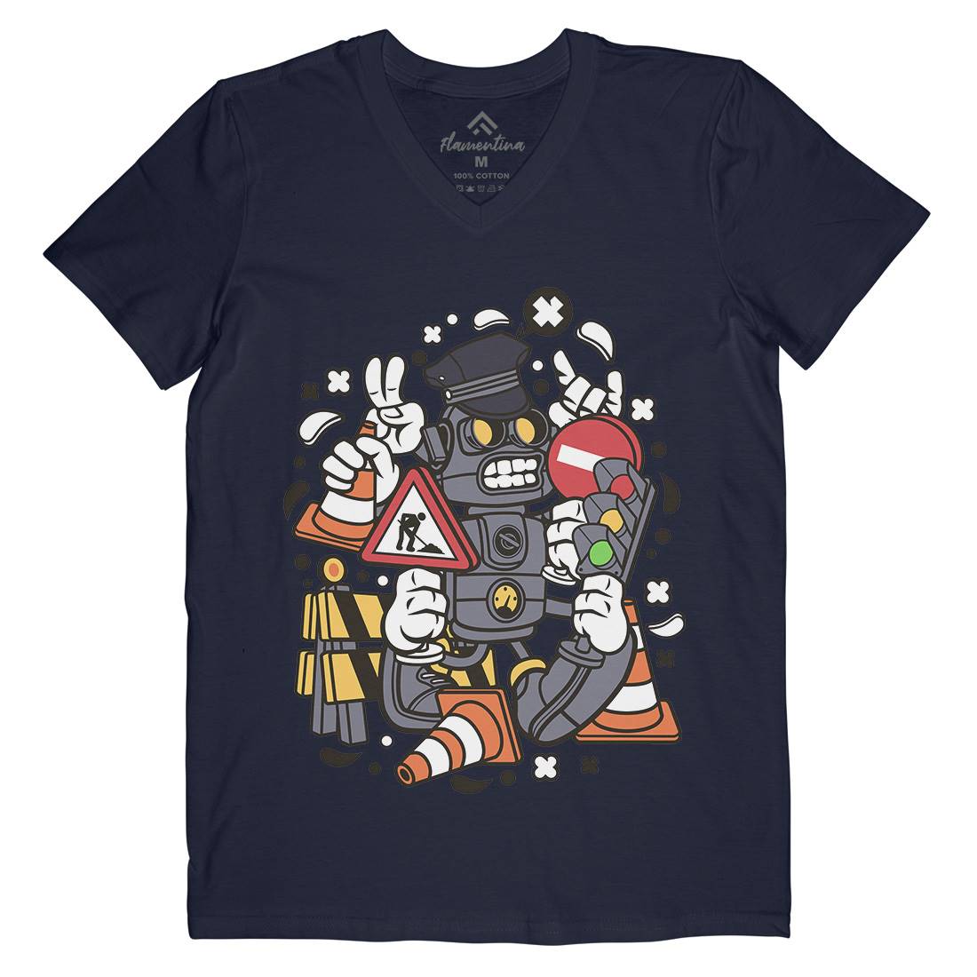 Traffic Robot Mens Organic V-Neck T-Shirt Work C285
