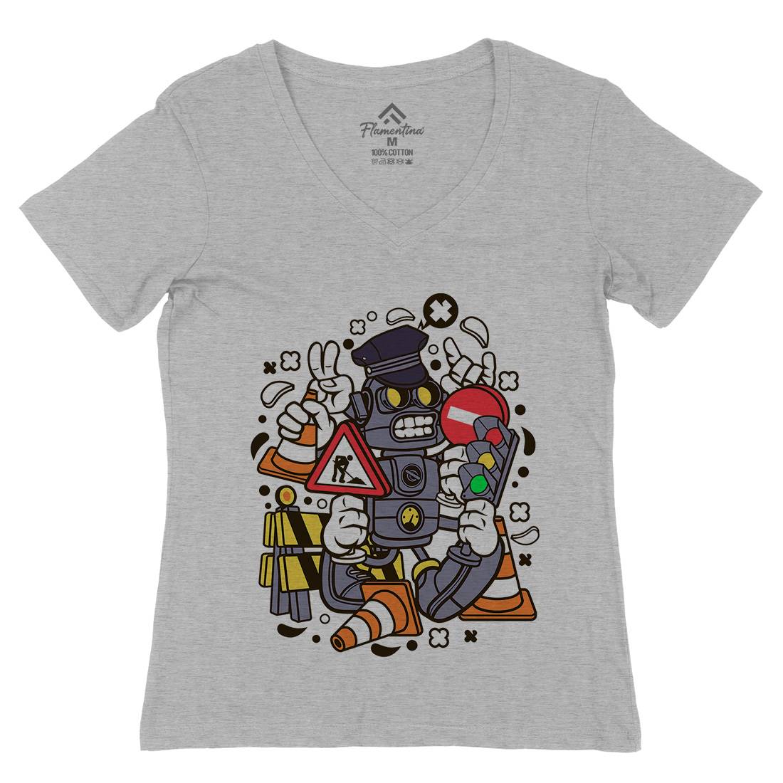 Traffic Robot Womens Organic V-Neck T-Shirt Work C285