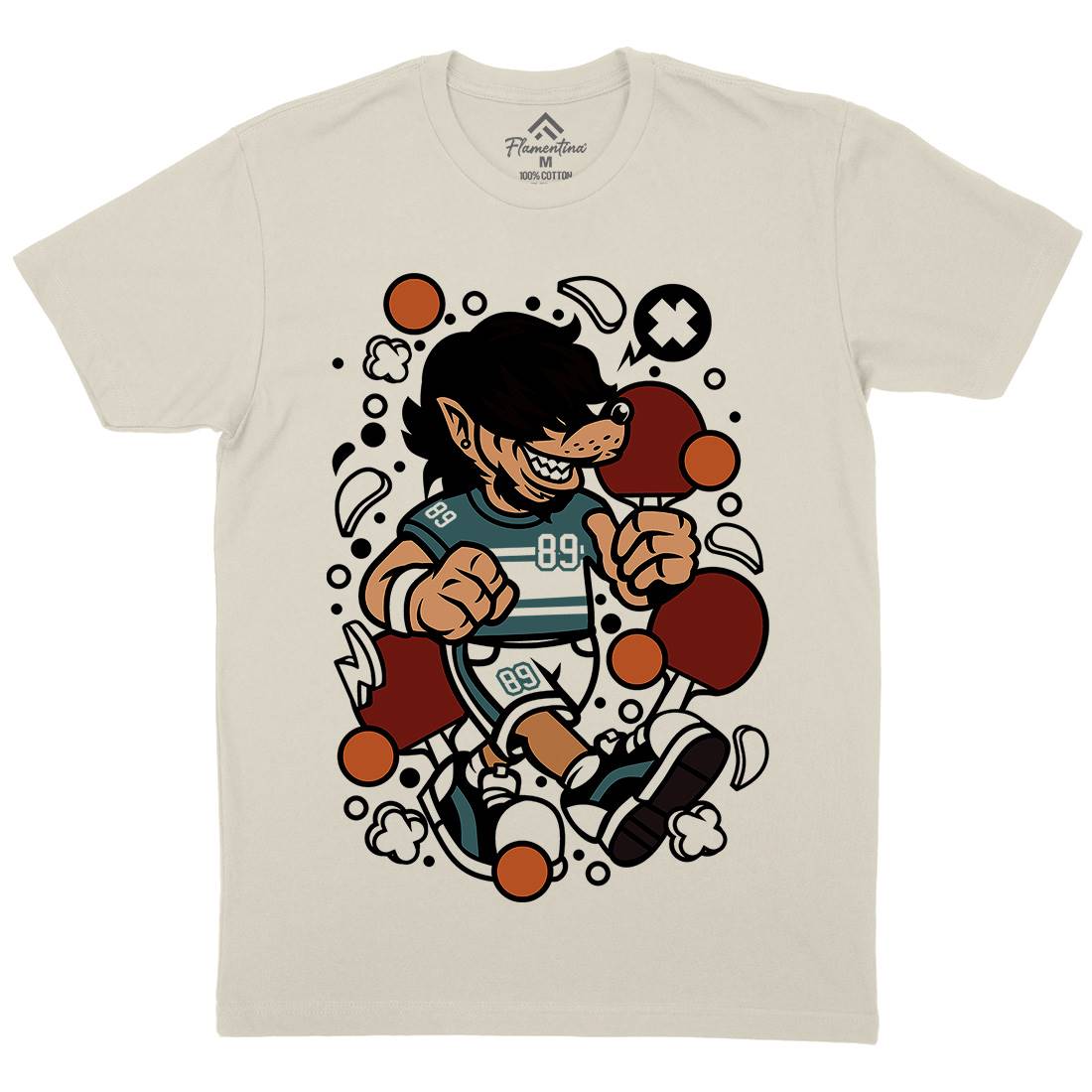 Wolf Ping Pong Mens Organic Crew Neck T-Shirt Sport C298