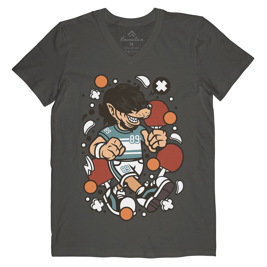 Wolf Ping Pong Mens V-Neck T-Shirt Sport C298