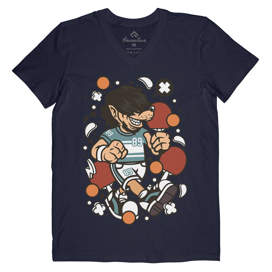 Wolf Ping Pong Mens Organic V-Neck T-Shirt Sport C298