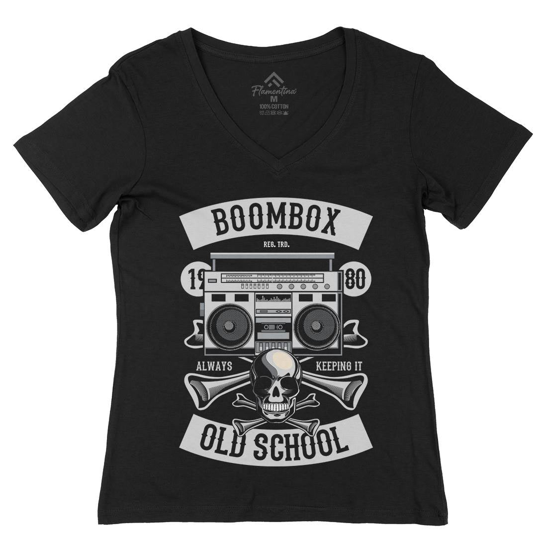 Boombox Old School Womens Organic V-Neck T-Shirt Music C320
