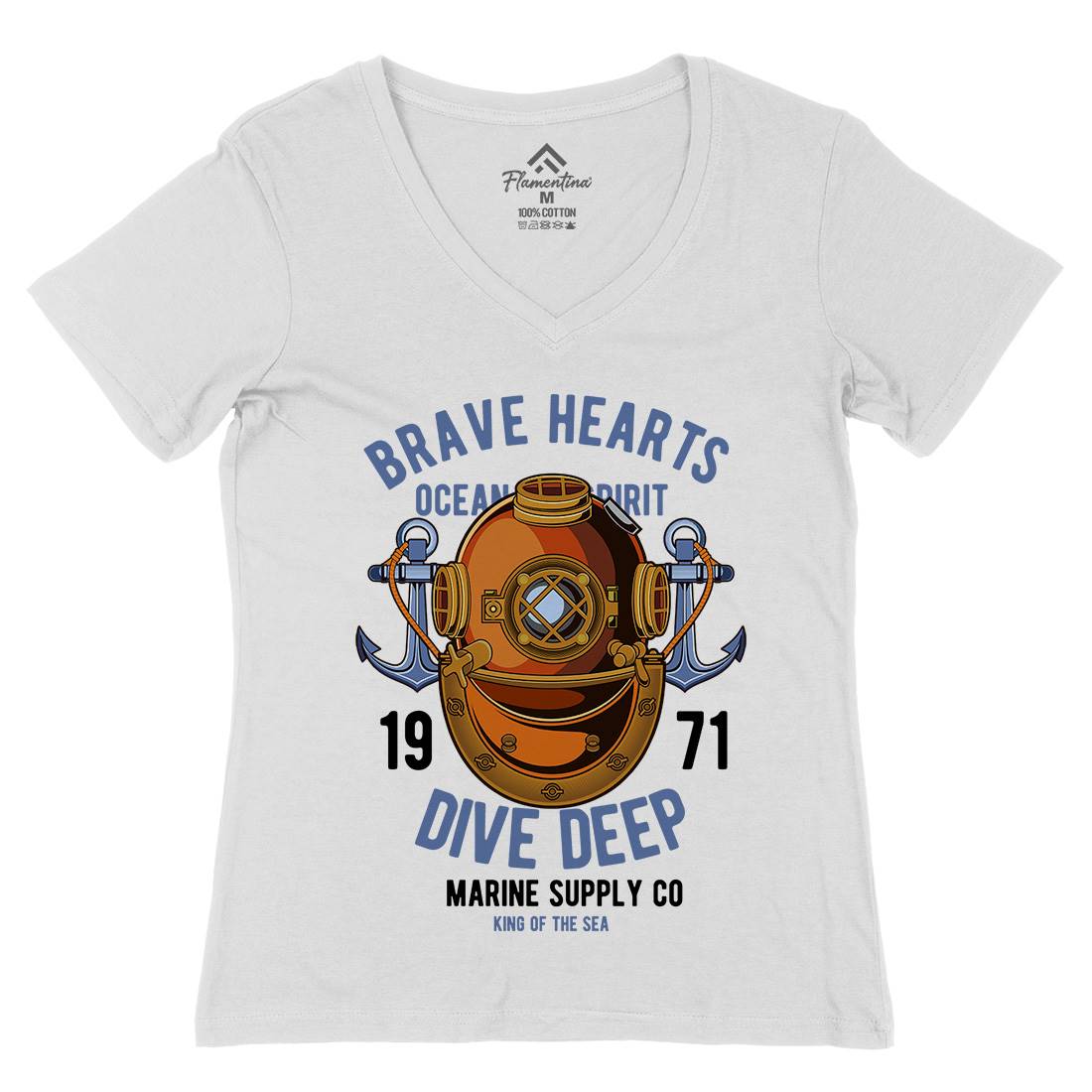 Brave Hearts Diver Womens Organic V-Neck T-Shirt Navy C324