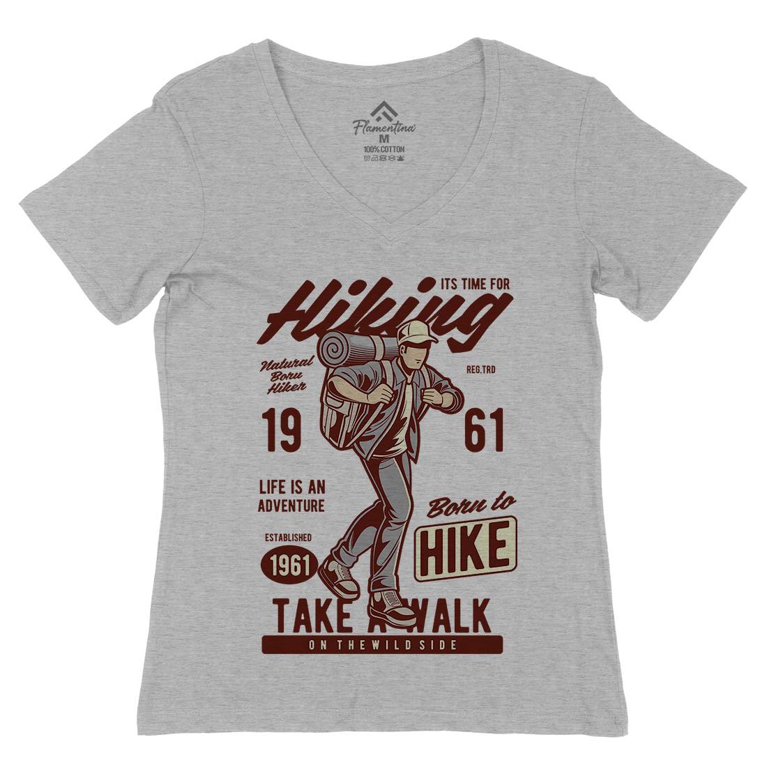 Its Time For Hiking Womens Organic V-Neck T-Shirt Nature C382