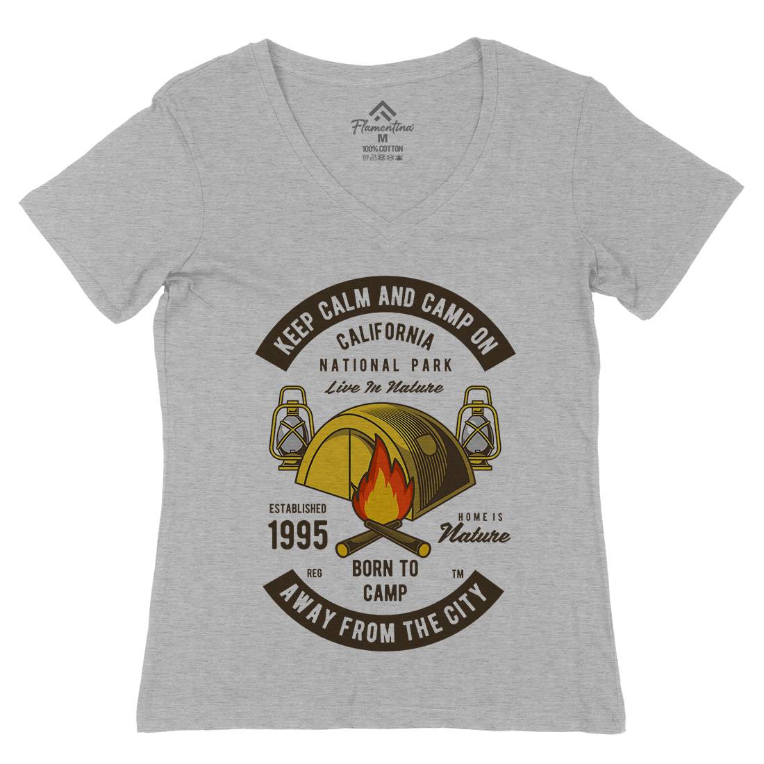Keep Calm And Camp Womens Organic V-Neck T-Shirt Nature C383