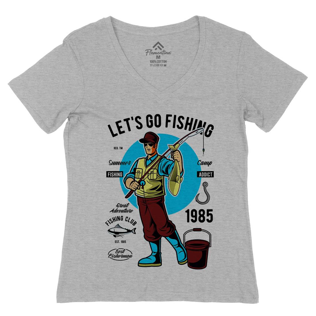 Lets Go Womens Organic V-Neck T-Shirt Fishing C385