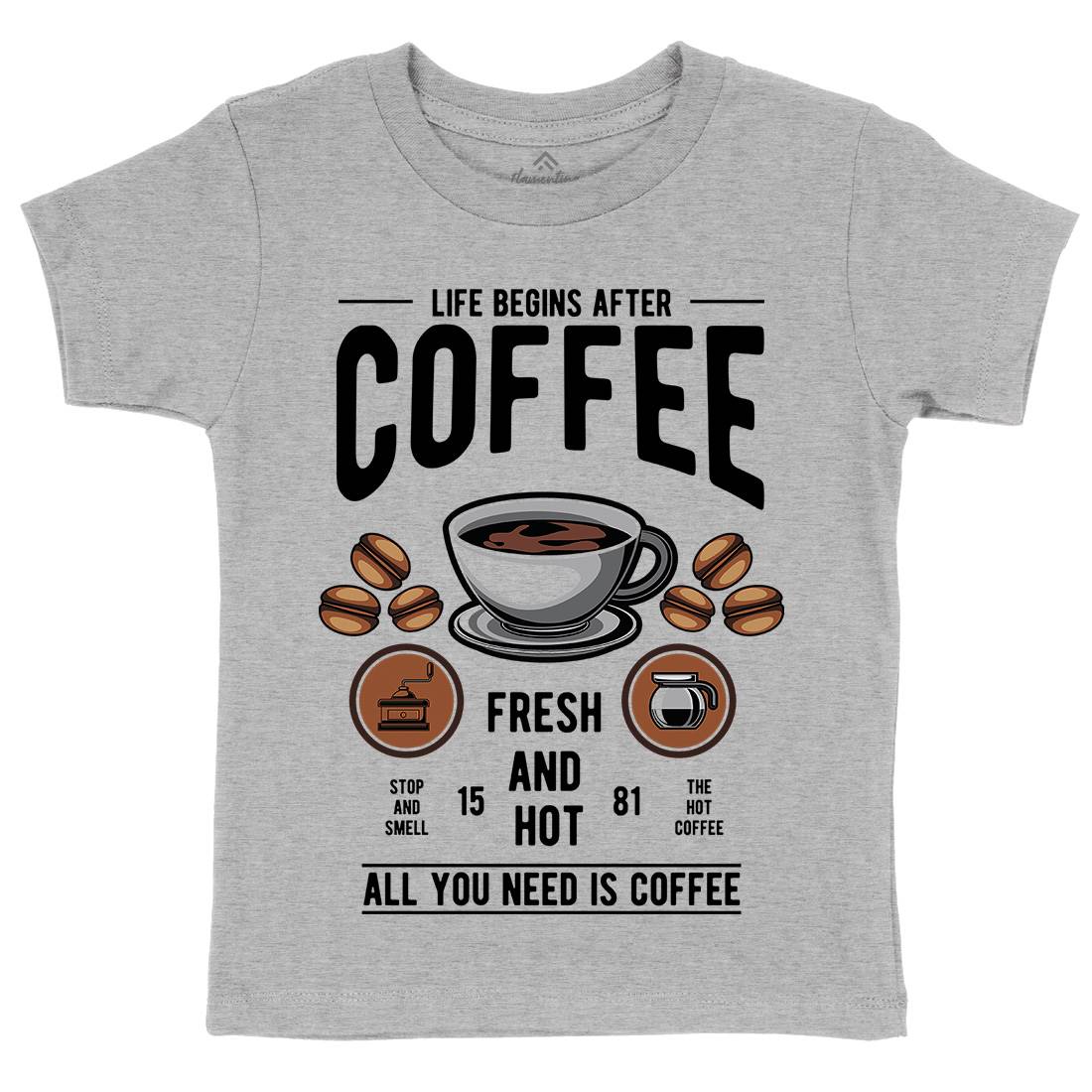 Life Begins After Coffee Kids Crew Neck T-Shirt Drinks C386