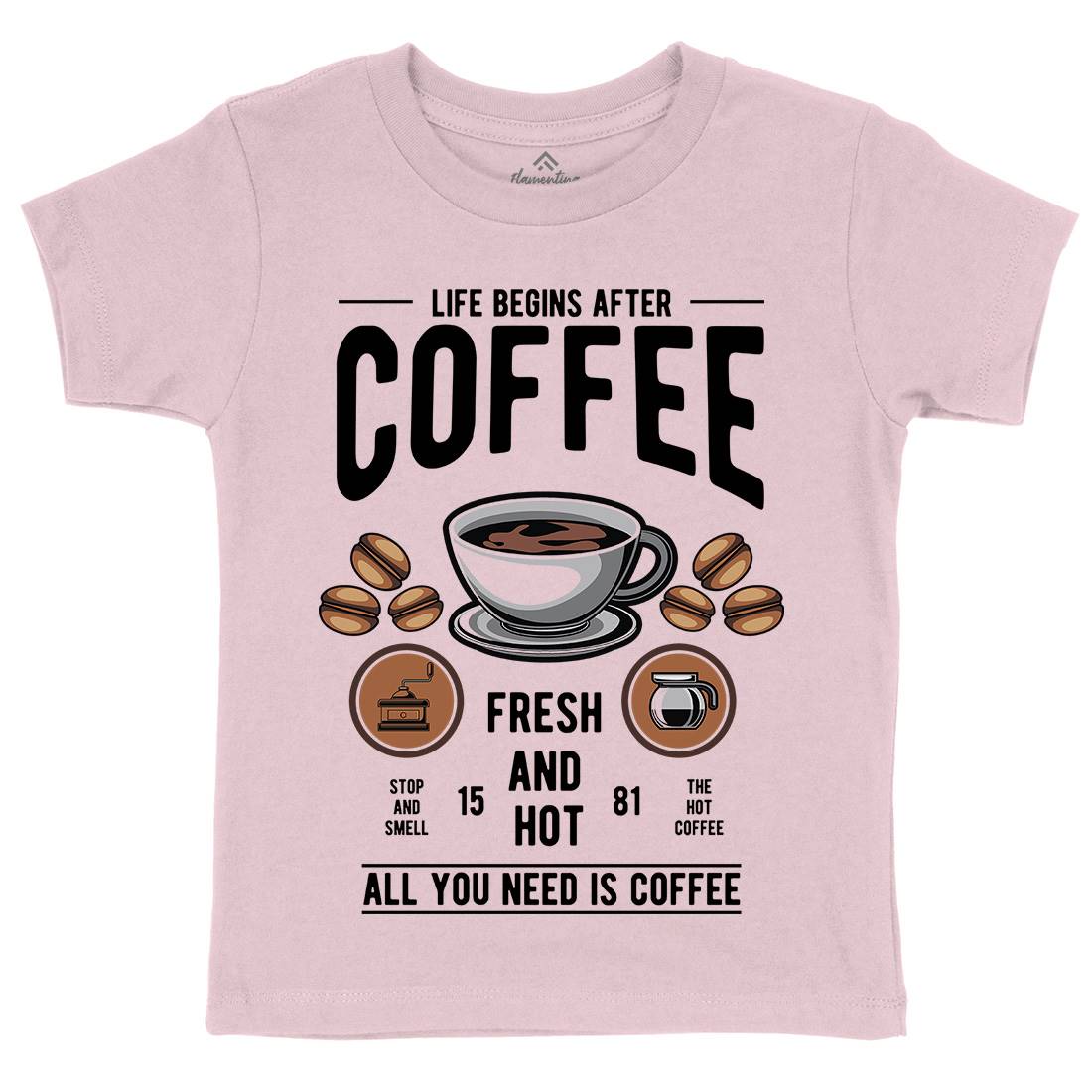 Life Begins After Coffee Kids Crew Neck T-Shirt Drinks C386