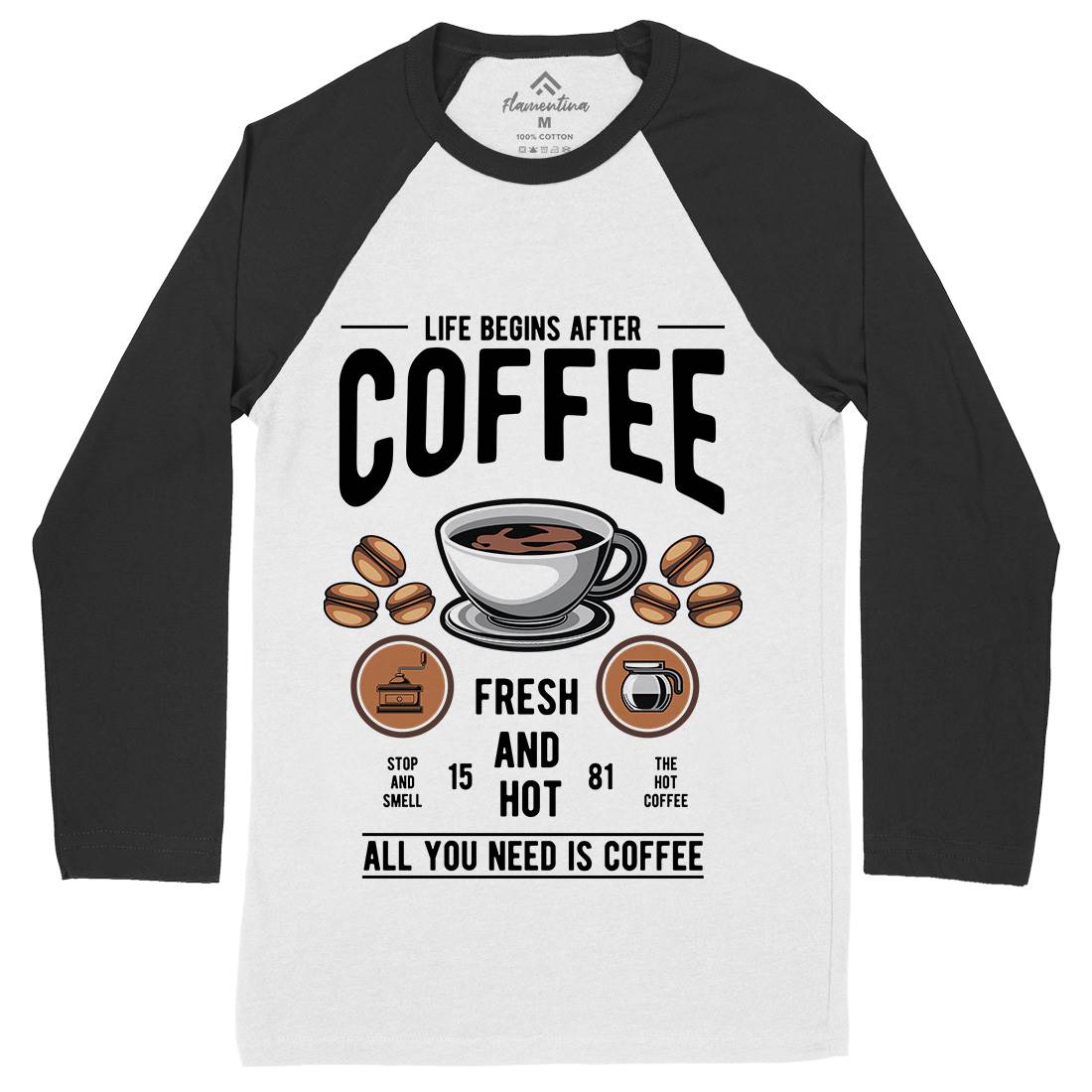 Life Begins After Coffee Mens Long Sleeve Baseball T-Shirt Drinks C386