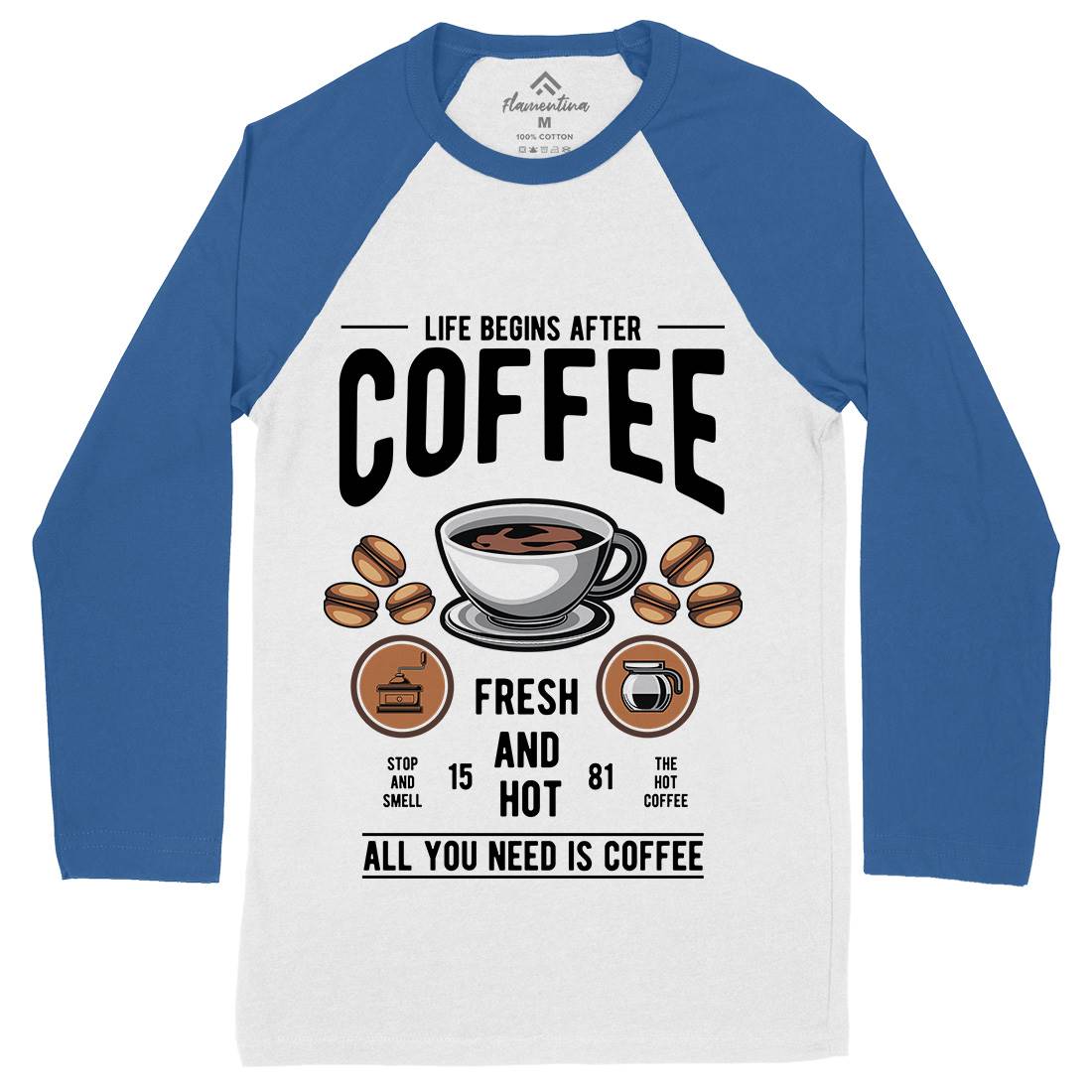 Life Begins After Coffee Mens Long Sleeve Baseball T-Shirt Drinks C386