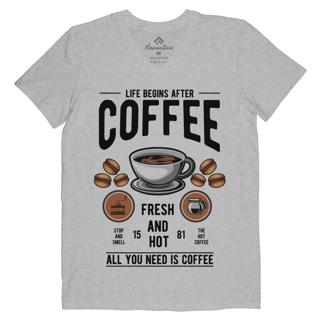 Life Begins After Coffee Mens V-Neck T-Shirt Drinks C386