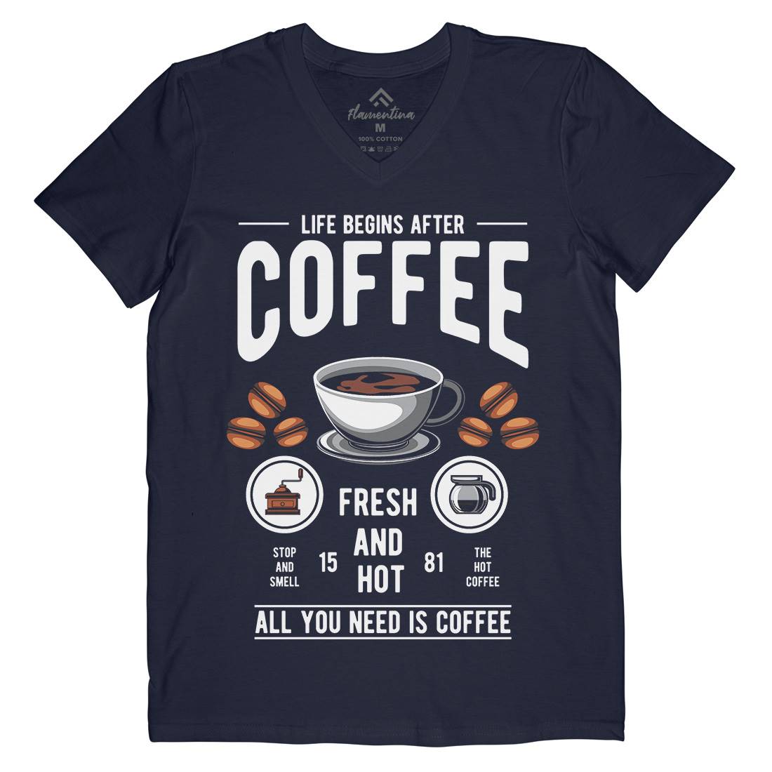 Life Begins After Coffee Mens Organic V-Neck T-Shirt Drinks C386
