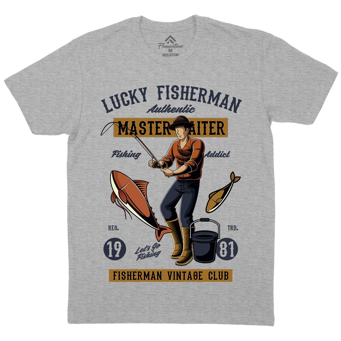 Lucky Fisherman Mens Organic Crew Neck T-Shirt Fishing C388