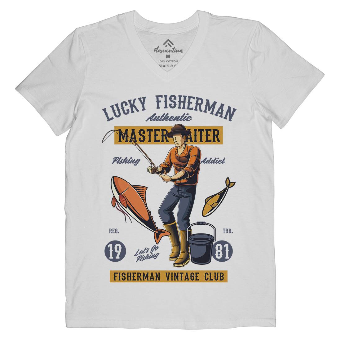 Lucky Fisherman Mens Organic V-Neck T-Shirt Fishing C388