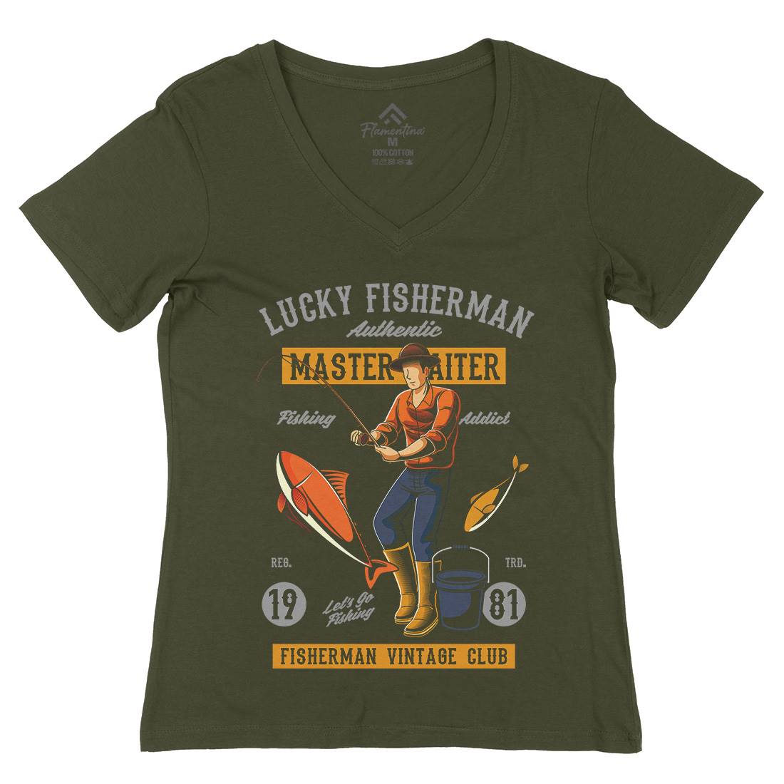 Lucky Fisherman Womens Organic V-Neck T-Shirt Fishing C388