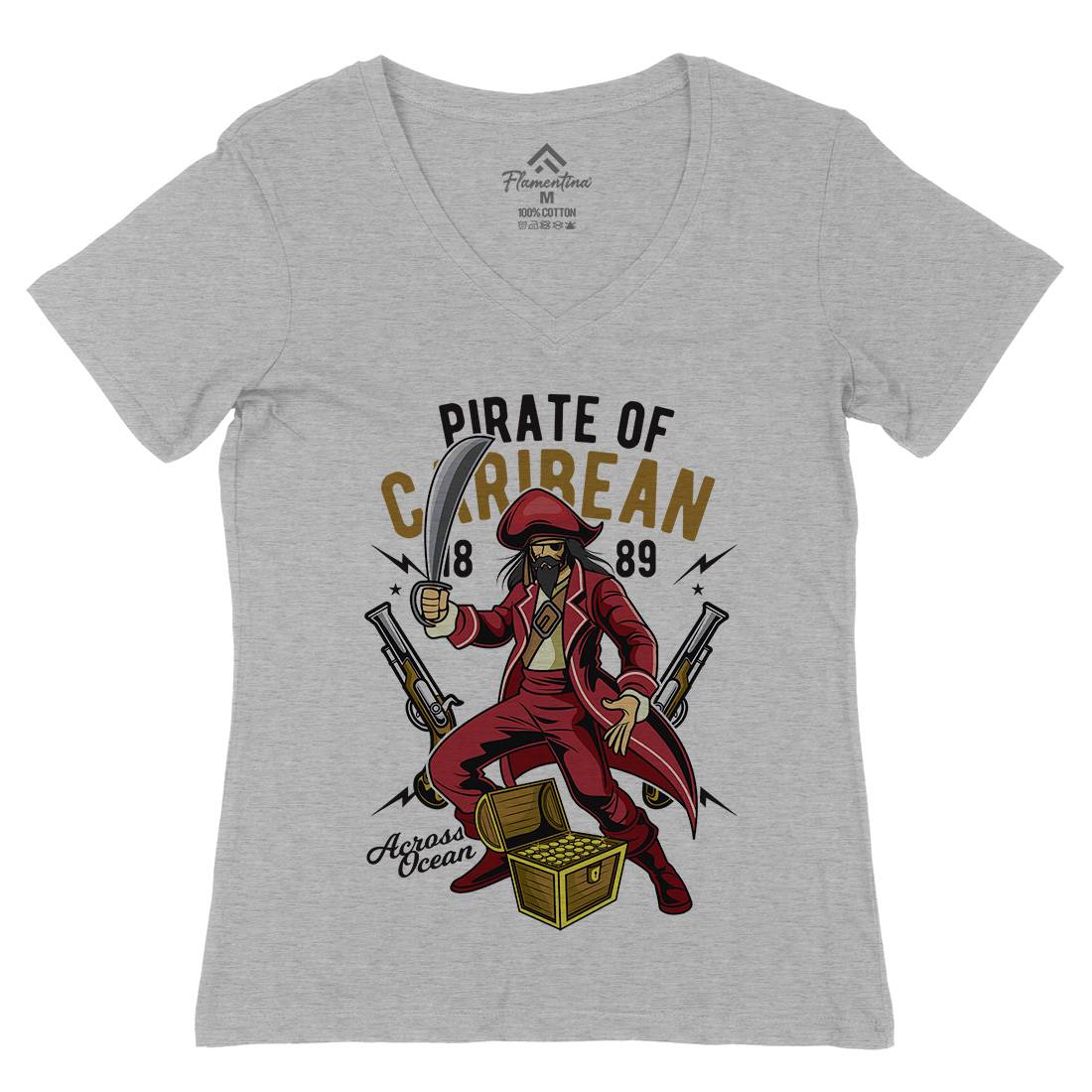 Pirate Caribbean Womens Organic V-Neck T-Shirt Navy C417
