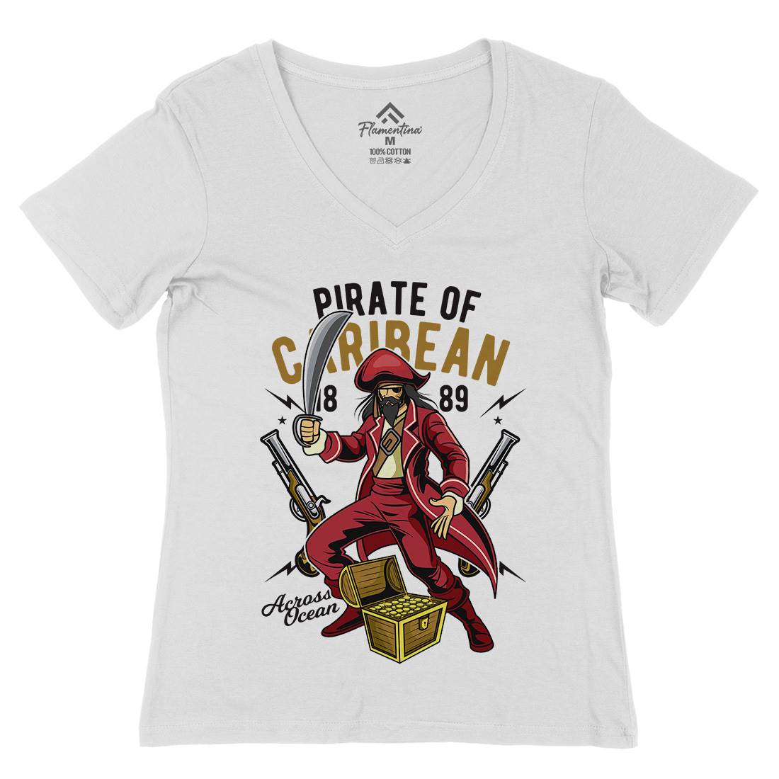 Pirate Caribbean Womens Organic V-Neck T-Shirt Navy C417
