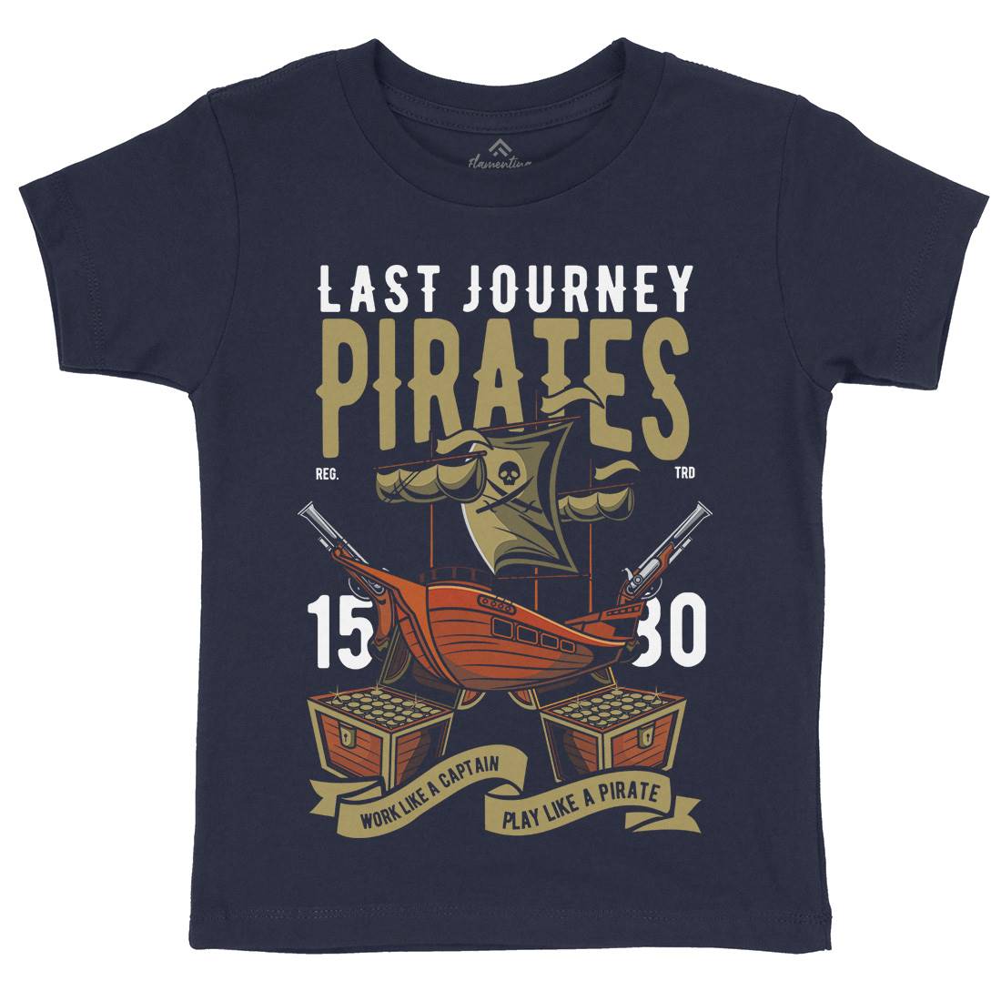 Pirate Ship Kids Organic Crew Neck T-Shirt Navy C419