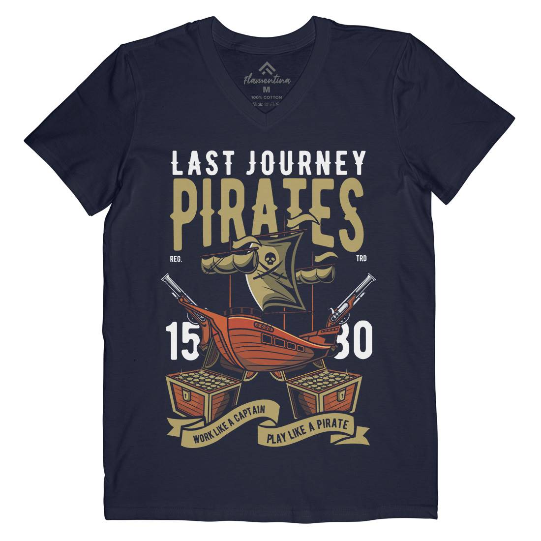 Pirate Ship Mens Organic V-Neck T-Shirt Navy C419