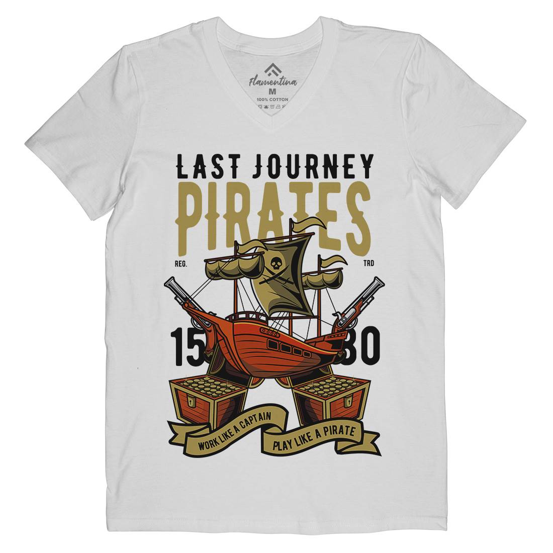 Pirate Ship Mens Organic V-Neck T-Shirt Navy C419