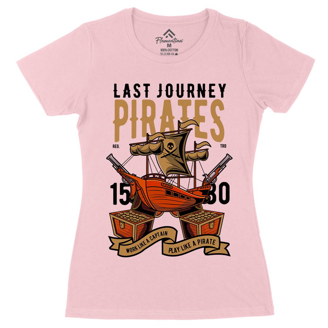 Pirate Ship Womens Organic Crew Neck T-Shirt Navy C419