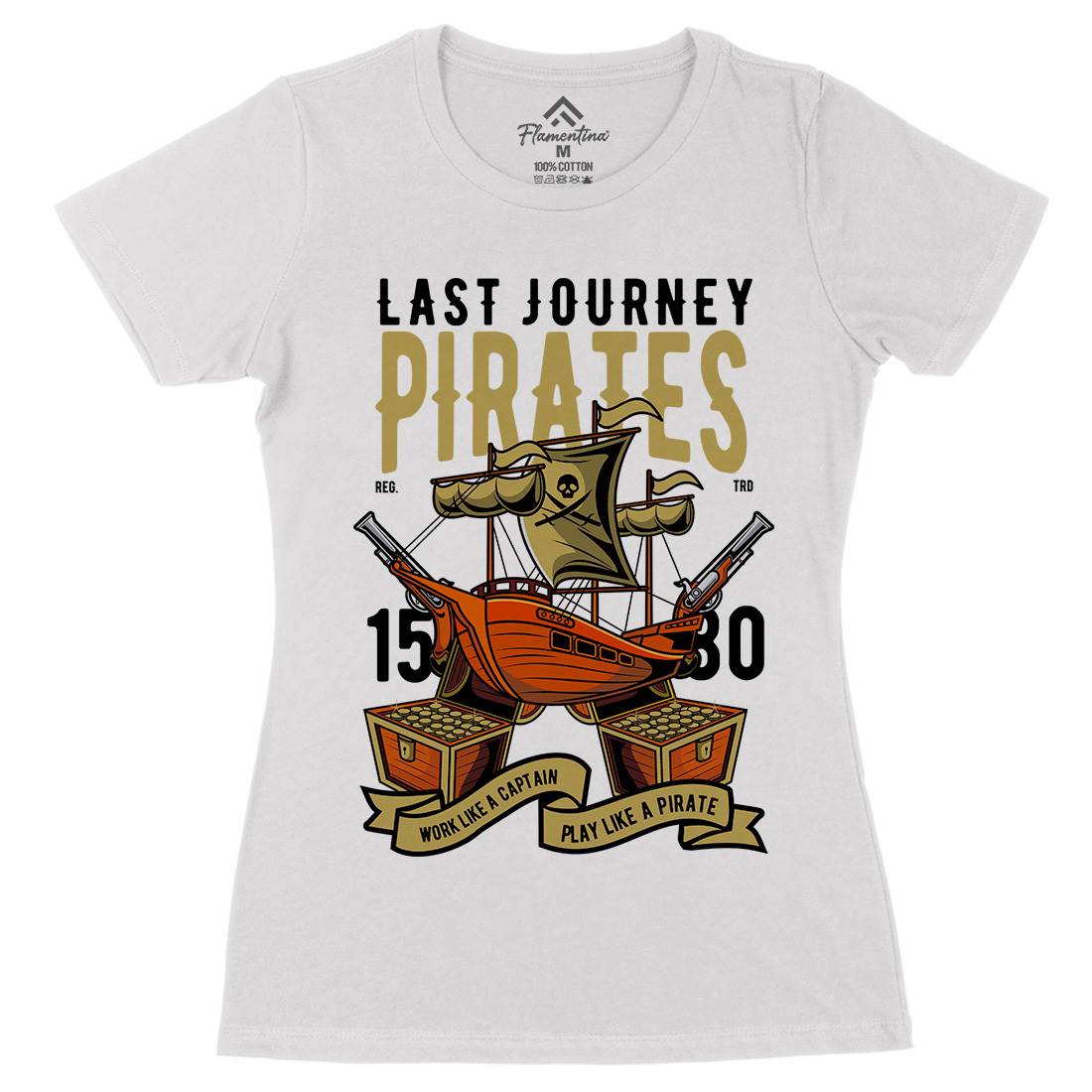 Pirate Ship Womens Organic Crew Neck T-Shirt Navy C419