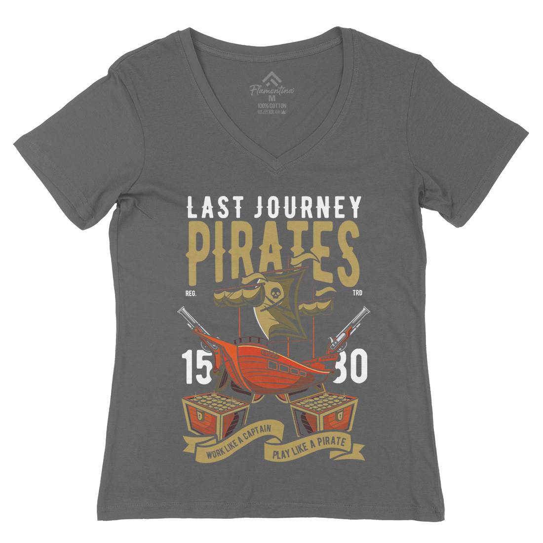 Pirate Ship Womens Organic V-Neck T-Shirt Navy C419