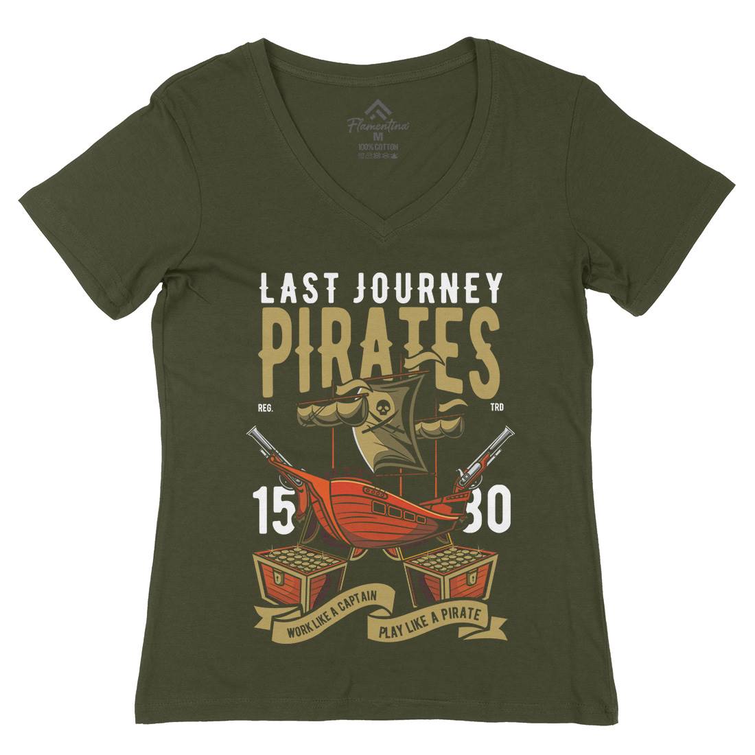 Pirate Ship Womens Organic V-Neck T-Shirt Navy C419