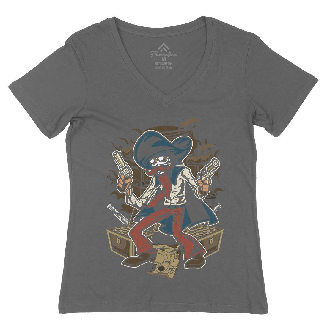 Pirate Treasure Womens Organic V-Neck T-Shirt Navy C420