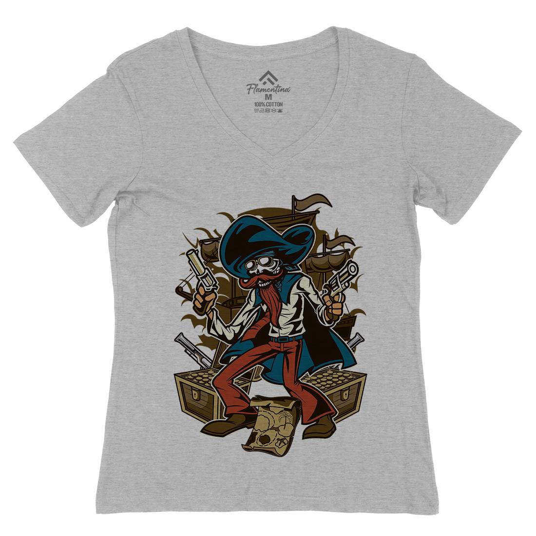 Pirate Treasure Womens Organic V-Neck T-Shirt Navy C420