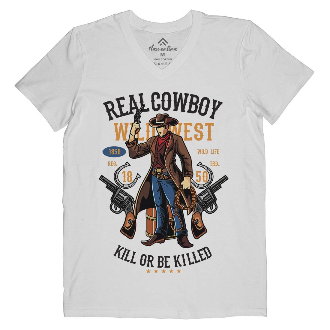 Real Cowboy Mens Organic V-Neck T-Shirt American C424