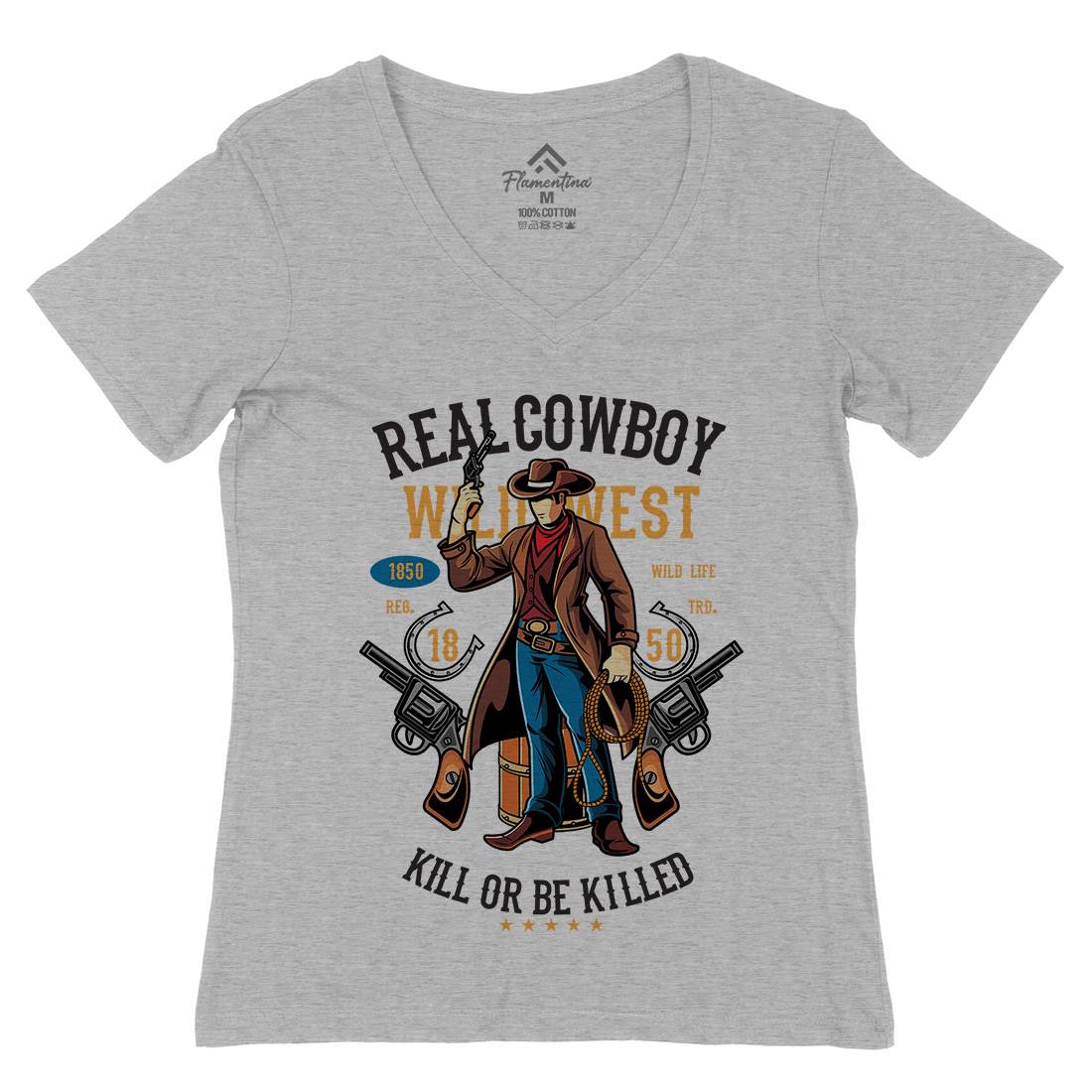 Real Cowboy Womens Organic V-Neck T-Shirt American C424