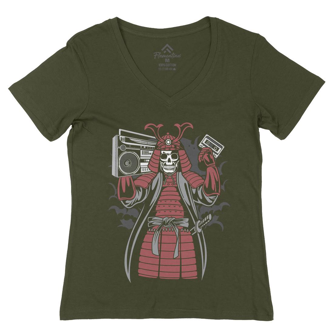 Samurai Boombox Womens Organic V-Neck T-Shirt Music C432