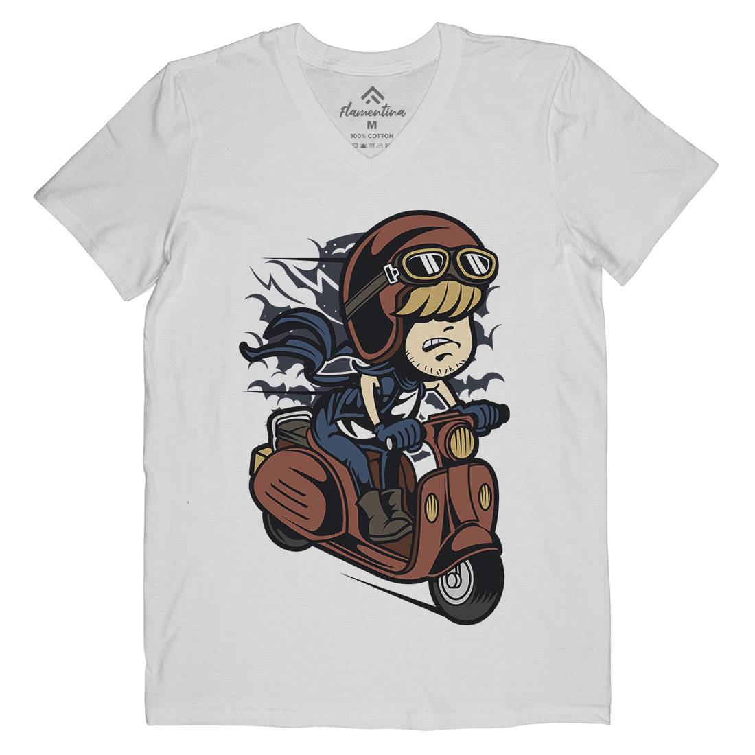 Scooter Rider Kid Mens Organic V-Neck T-Shirt Motorcycles C436