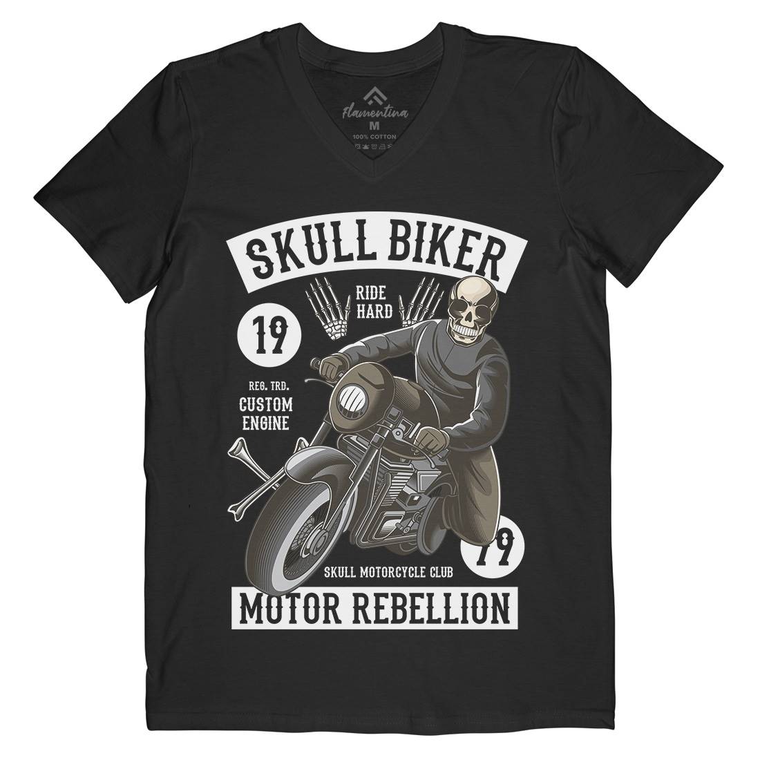 Skull Biker Mens Organic V-Neck T-Shirt Motorcycles C442