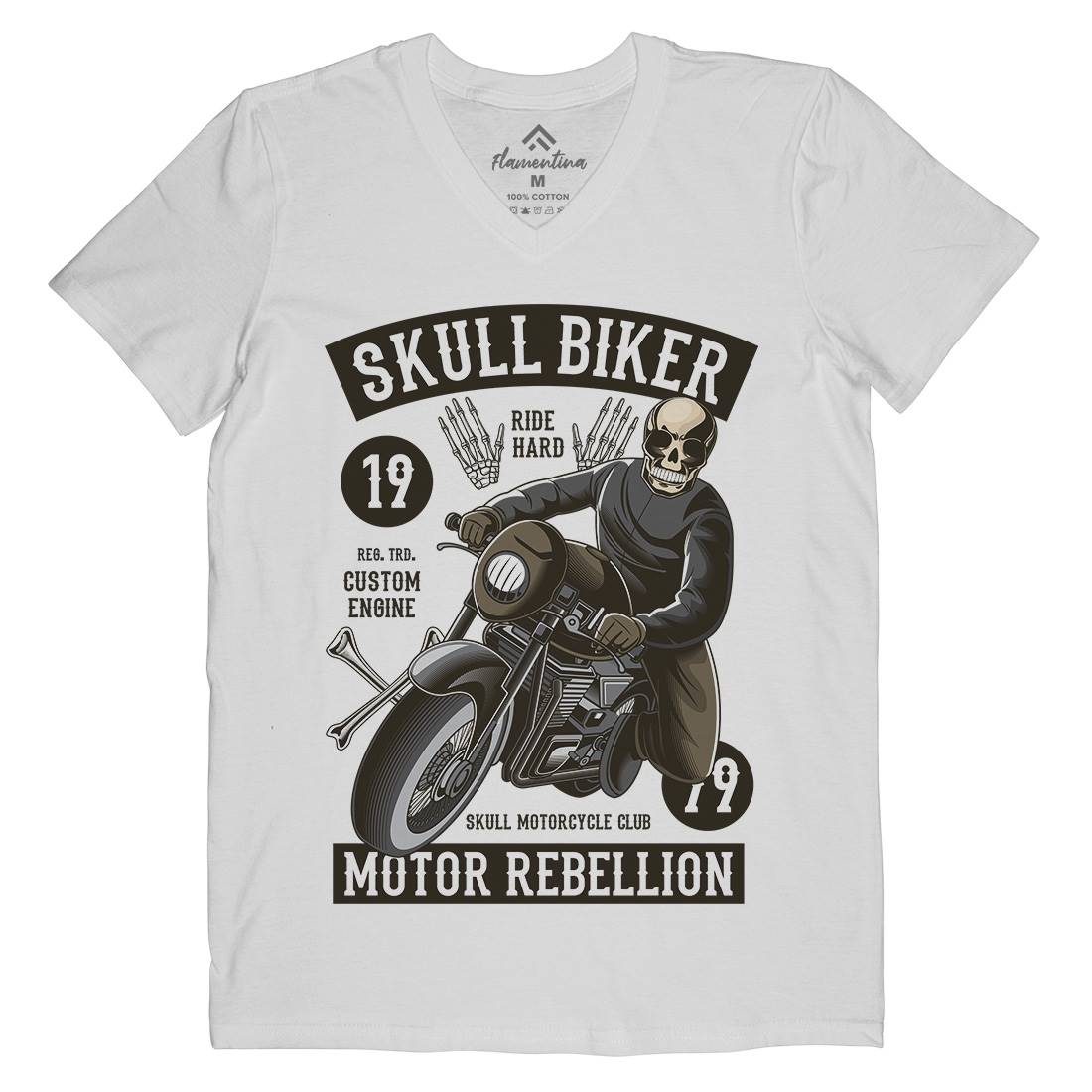 Skull Biker Mens Organic V-Neck T-Shirt Motorcycles C442