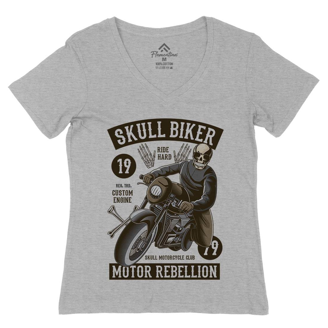 Skull Biker Womens Organic V-Neck T-Shirt Motorcycles C442