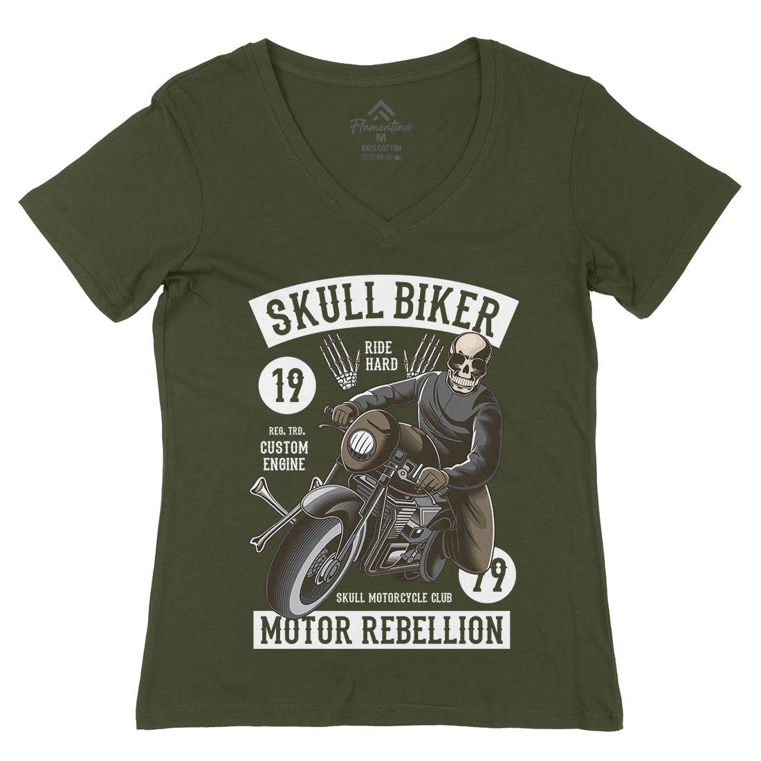Skull Biker Womens Organic V-Neck T-Shirt Motorcycles C442