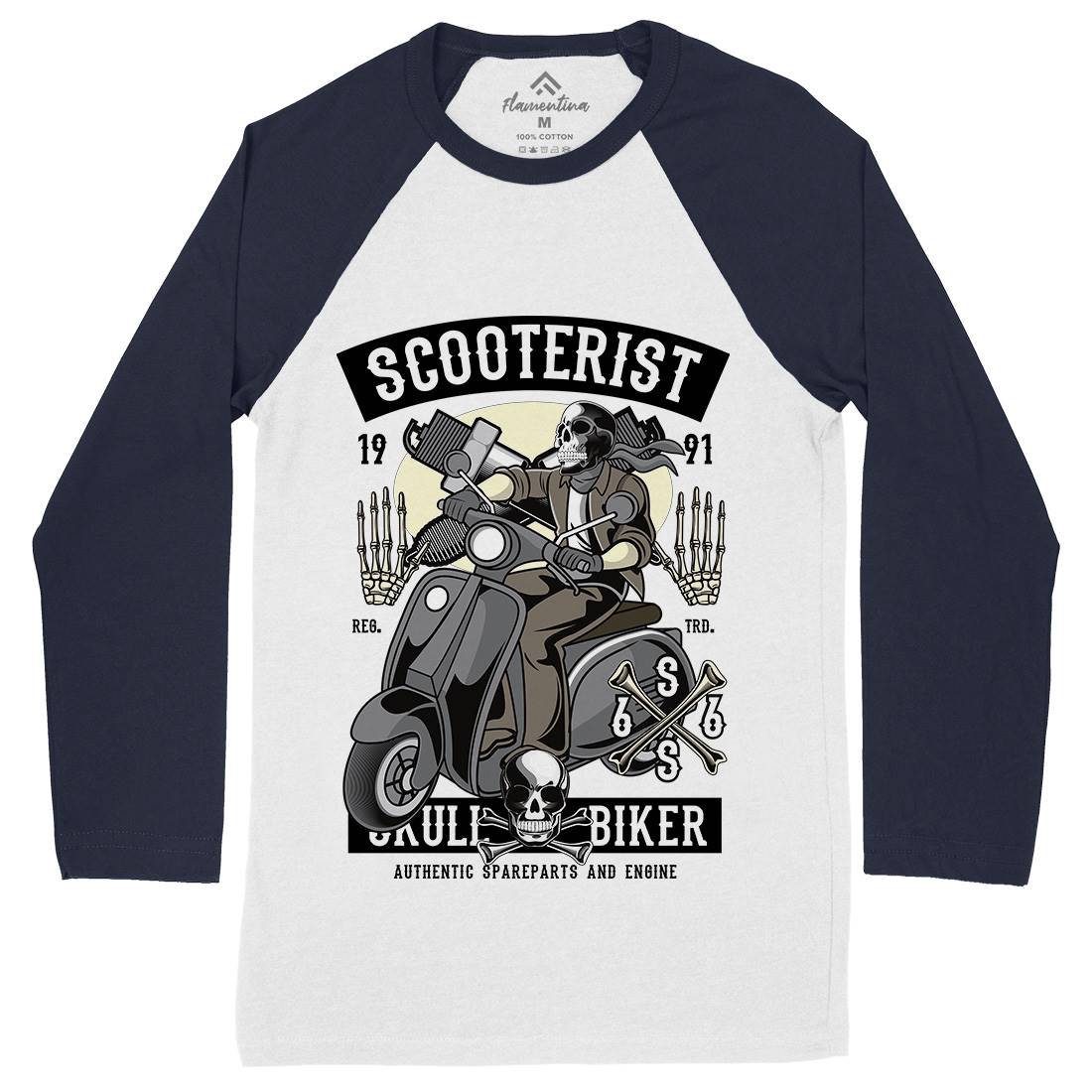 Skull Scooter Mens Long Sleeve Baseball T-Shirt Motorcycles C446