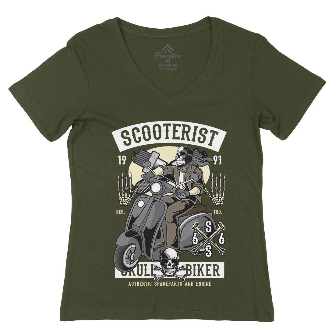Skull Scooter Womens Organic V-Neck T-Shirt Motorcycles C446