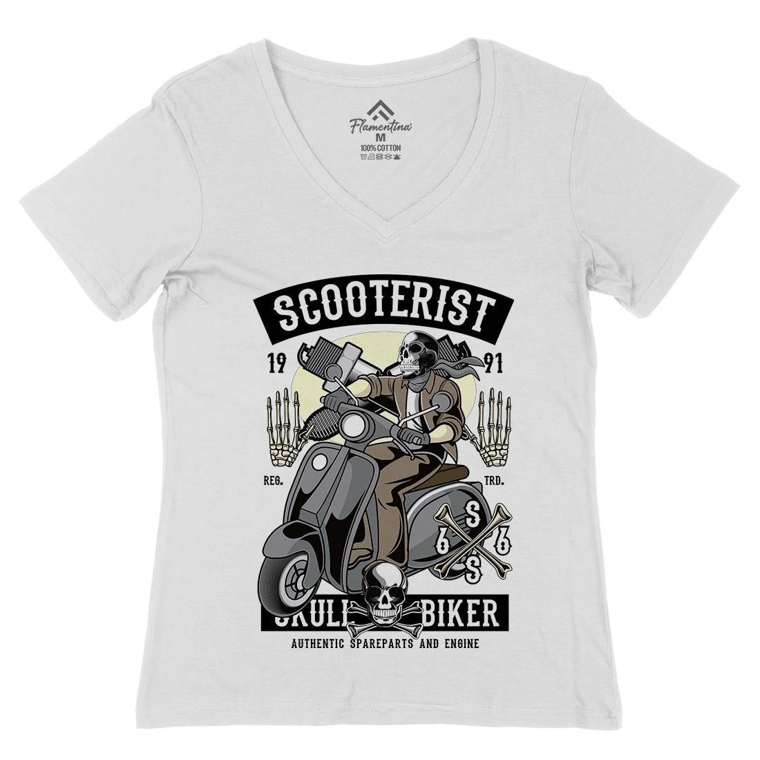 Skull Scooter Womens Organic V-Neck T-Shirt Motorcycles C446